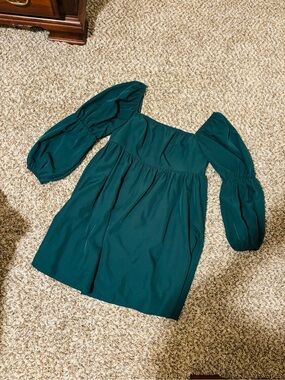 Square-Neck Puff Sleeve Mini Dress in Deep Teal